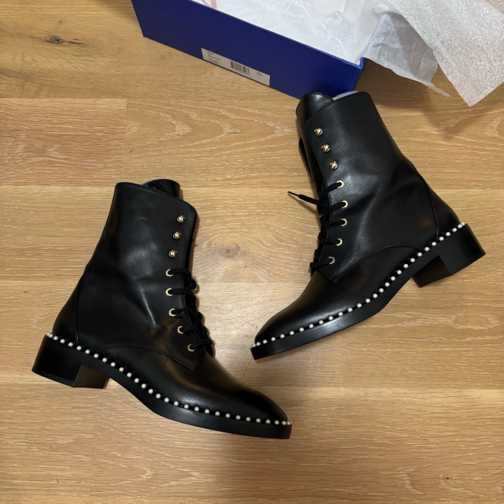 Stuart Weitzman lace up pearl combat boots NWT